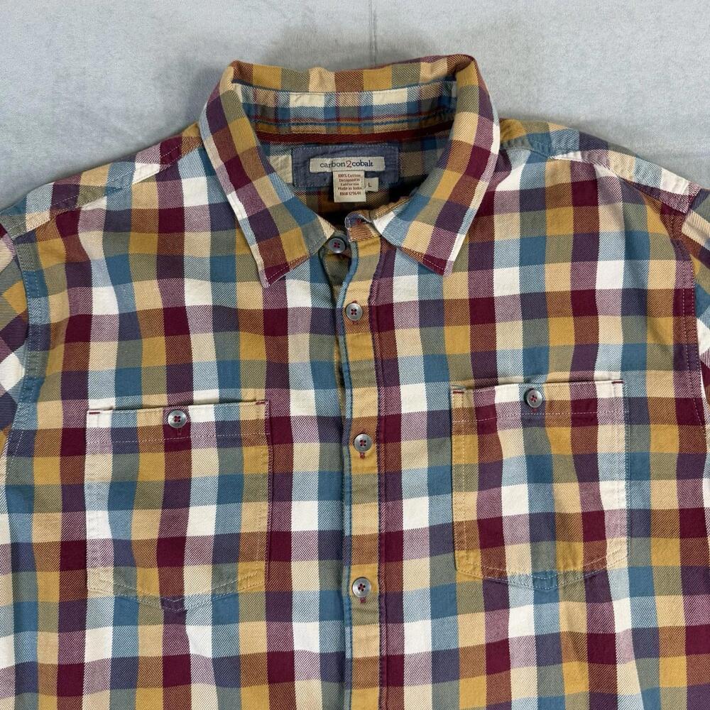 Carbon 2 Cobalt Flannel Shirt Mens Large Plaid Button Up Pocket Heavyweight - Picture 2 of 6